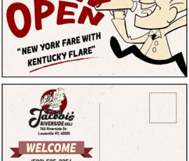 Jacobi's, Now Open Post Card, Advertising Design III, Rachel Fryer Jacobi's, Now Open Post Card